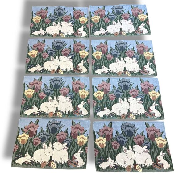 VTG Handmade Tapestry Spring Easter Bunny Rabbit Table Placemats Set Of 8 - Picture 1 of 11